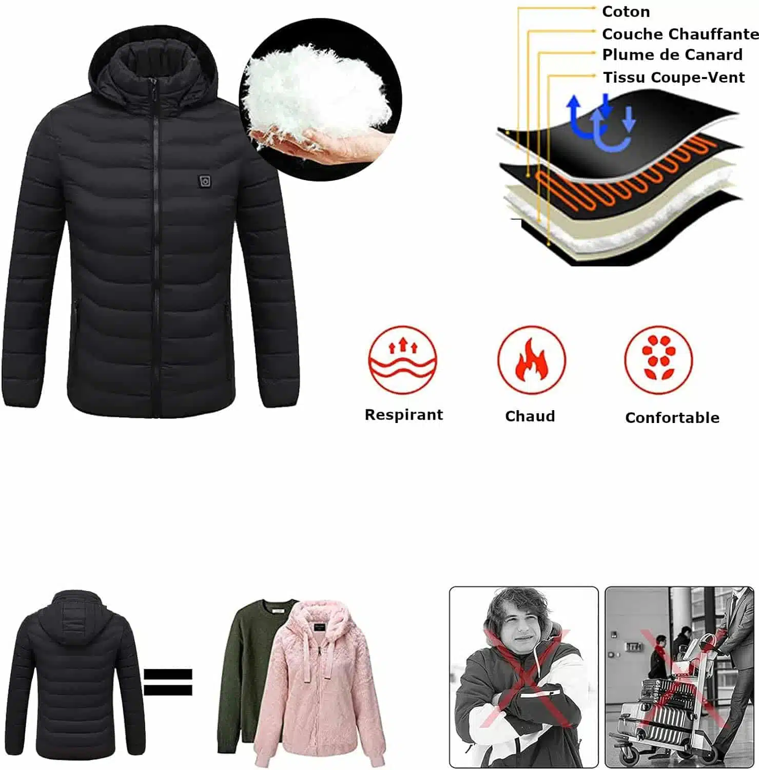 Chaqueta calefactada USB con capucha y mangas largas