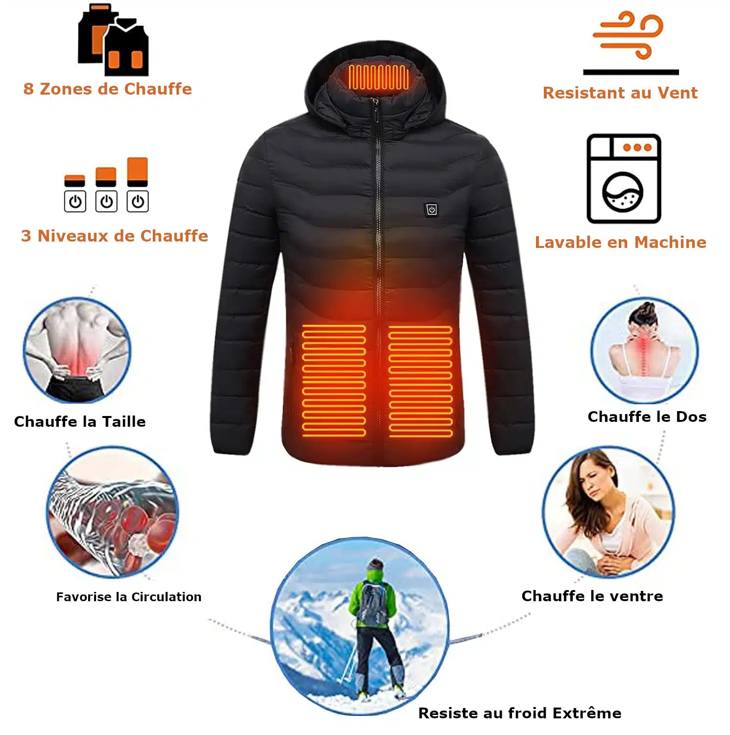 Chaqueta calefactada USB con capucha y mangas largas