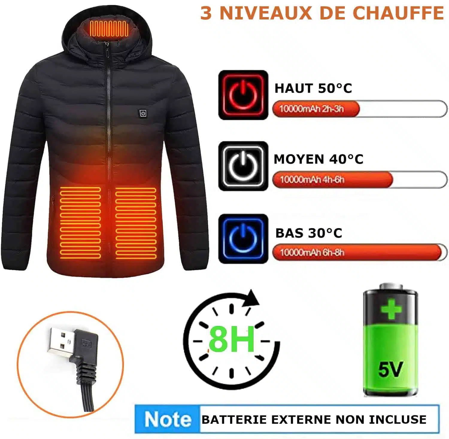 Chaqueta calefactada USB con capucha y mangas largas