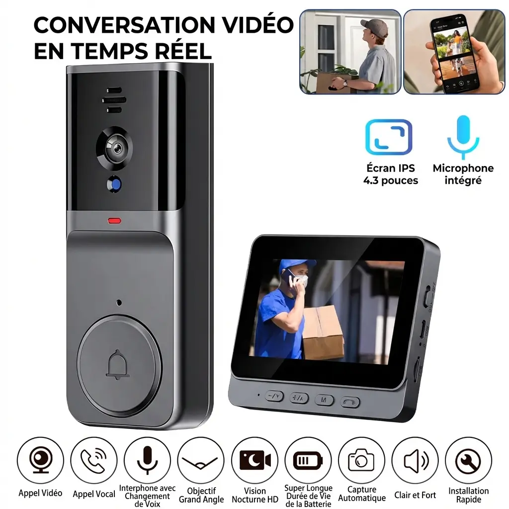 Interphone vidéo intelligent vision nocturne sans fil 2.4G