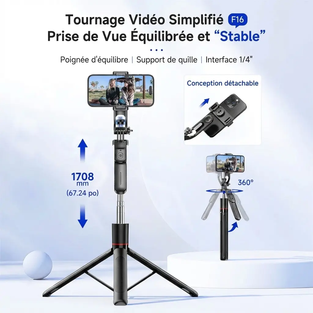 Trépied perche à selfie stabilisateur bluetooth avec lumière pour smartphone