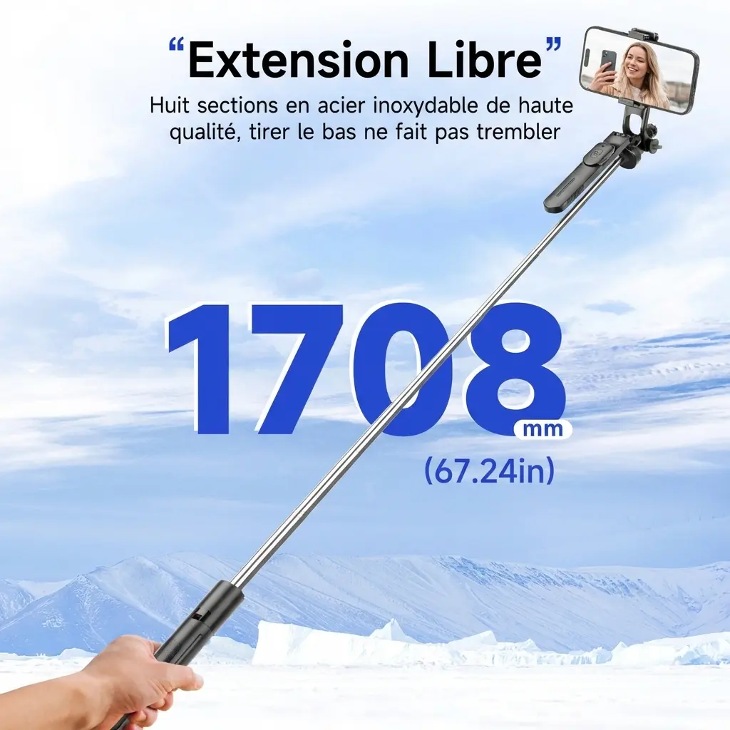 Trépied perche à selfie stabilisateur bluetooth avec lumière pour smartphone