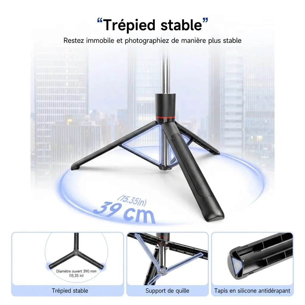 Trépied perche à selfie stabilisateur bluetooth avec lumière pour smartphone