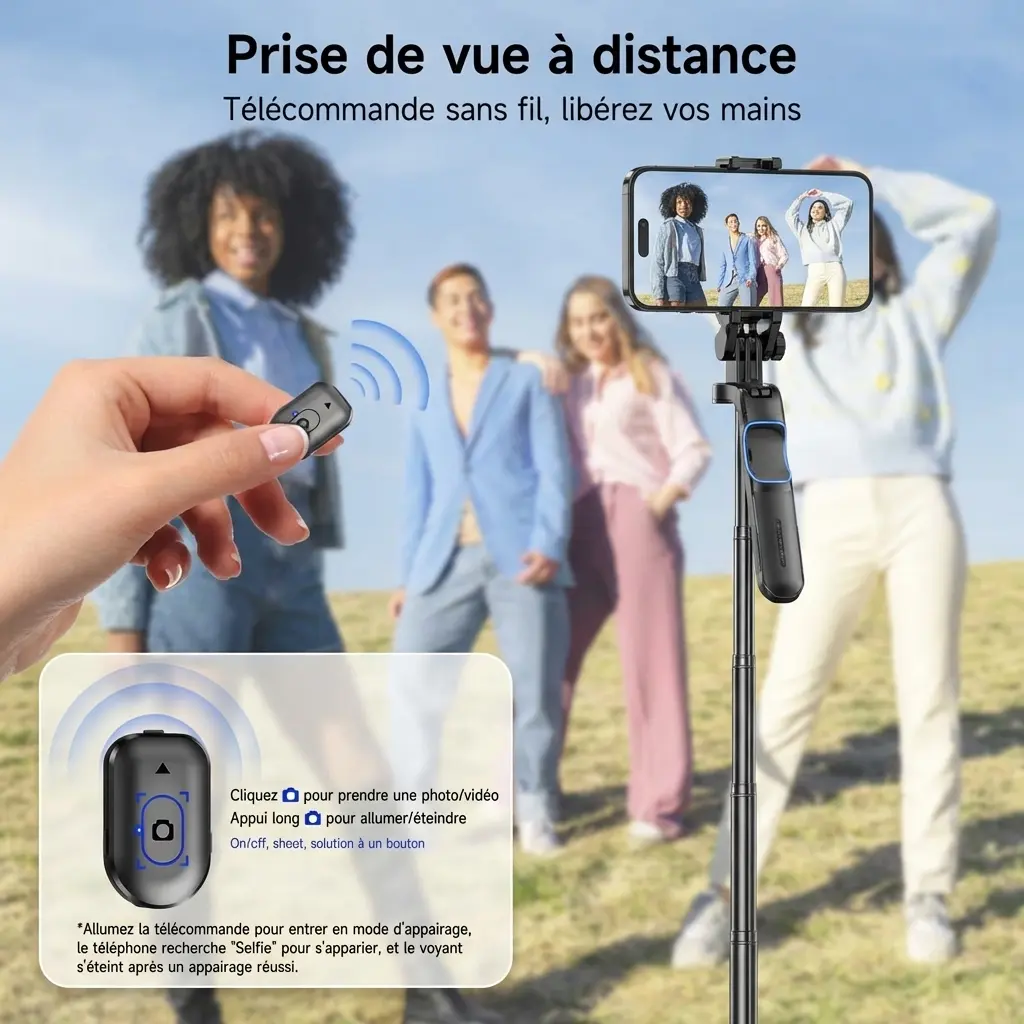 Trépied perche à selfie stabilisateur bluetooth avec lumière pour smartphone