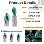 Gourde de voyage pour chiens avec bol anti fuites pliable grande capacité 800ml
