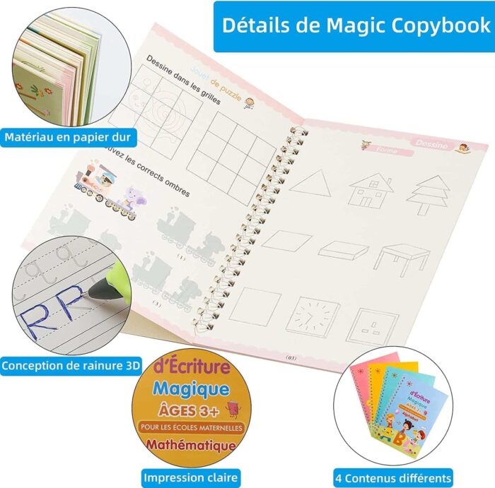 4 Livres Cahier d'apprentissage Magique pour enfants, Réutilisable