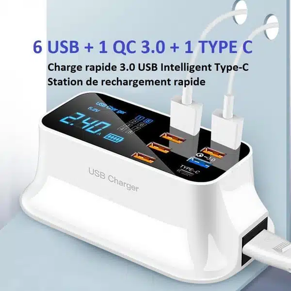 Chargeur Rapide USB 8 Ports 3.0 Affichage LCD 2