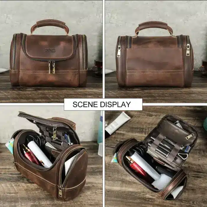 Trousse de toilette vintage en cuir véritable