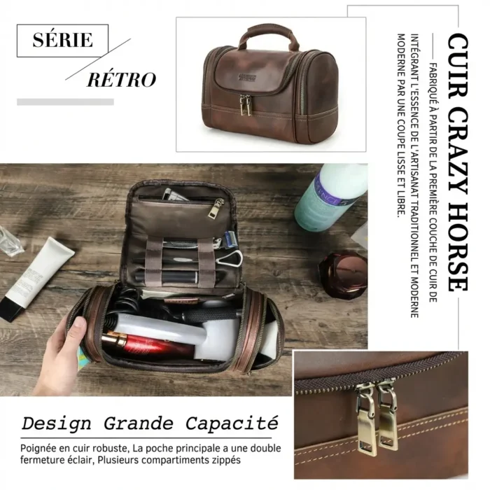 Trousse de toilette vintage en cuir véritable