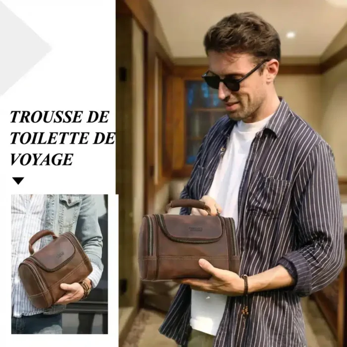 Trousse de toilette vintage en cuir véritable