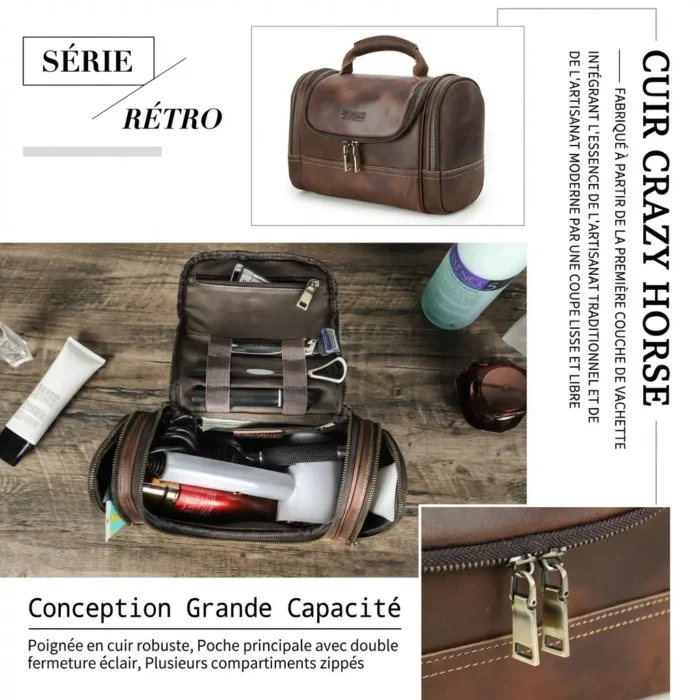 Trousse de toilette vintage en cuir véritable