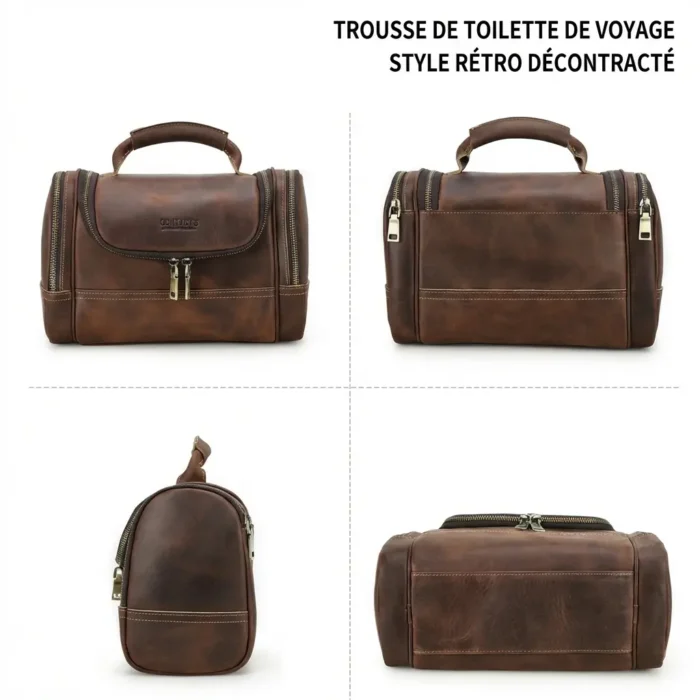 Trousse de toilette vintage en cuir véritable