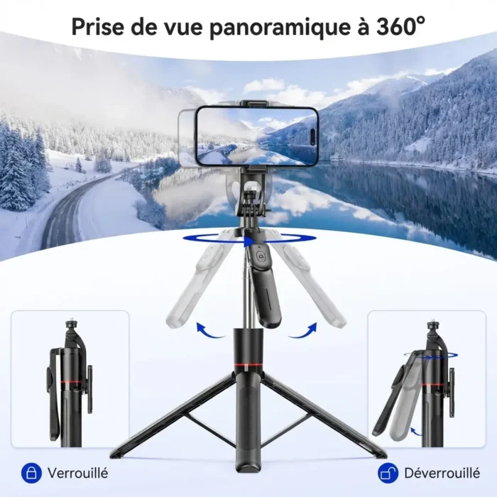 Trépied perche à selfie stabilisateur bluetooth avec lumière pour smartphone
