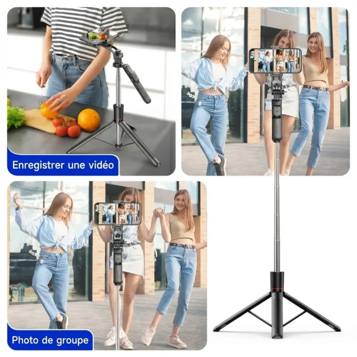 Trépied perche à selfie stabilisateur bluetooth avec lumière pour smartphone