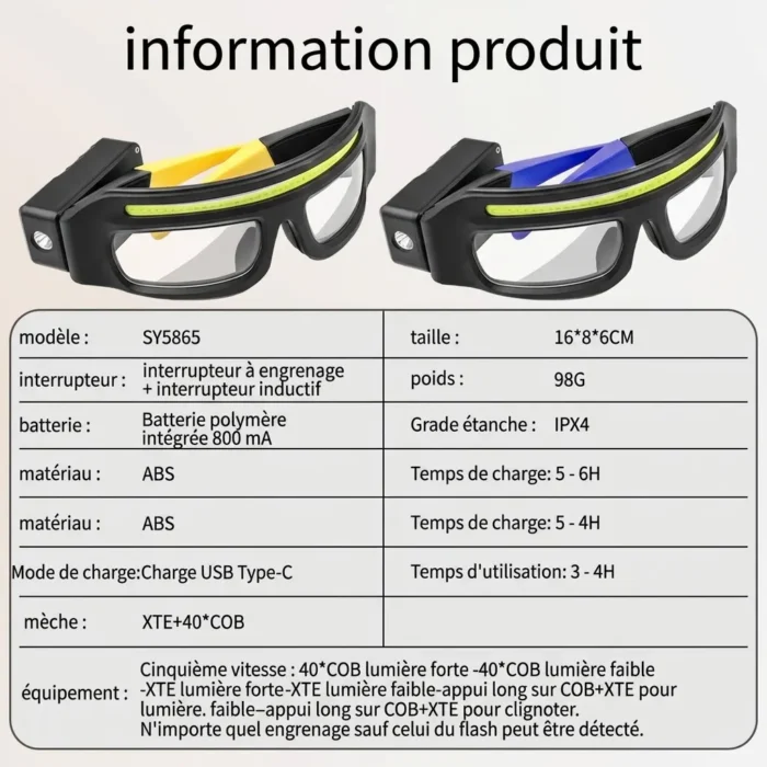 Lunettes de Sécurité avec lampe frontale LED étanches rechargeables