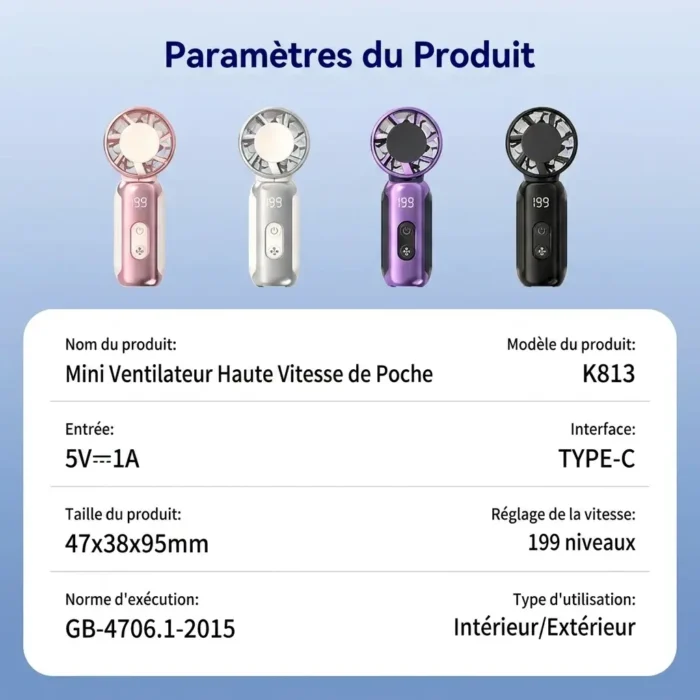 Mini Ventilateur de poche puissant USB rechargeable