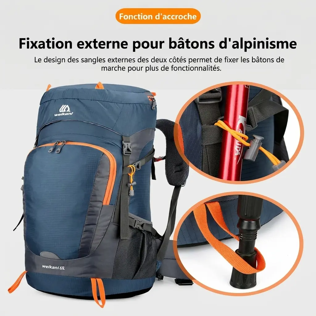 Sac à dos de randonnée imperméable 65L avec housse de pluie