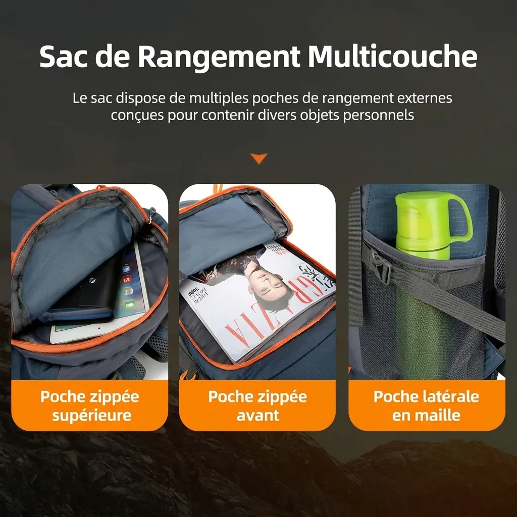 Sac à dos de randonnée imperméable 65L avec housse de pluie