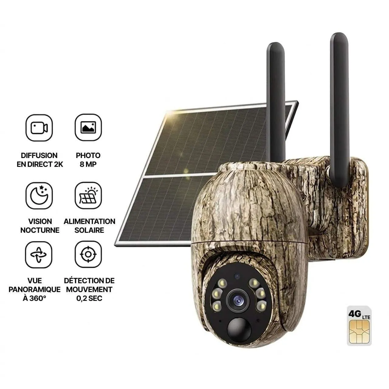 Caméra De Surveillance Extérieure Solaire - Rotation 360° et vision nocturne 2K