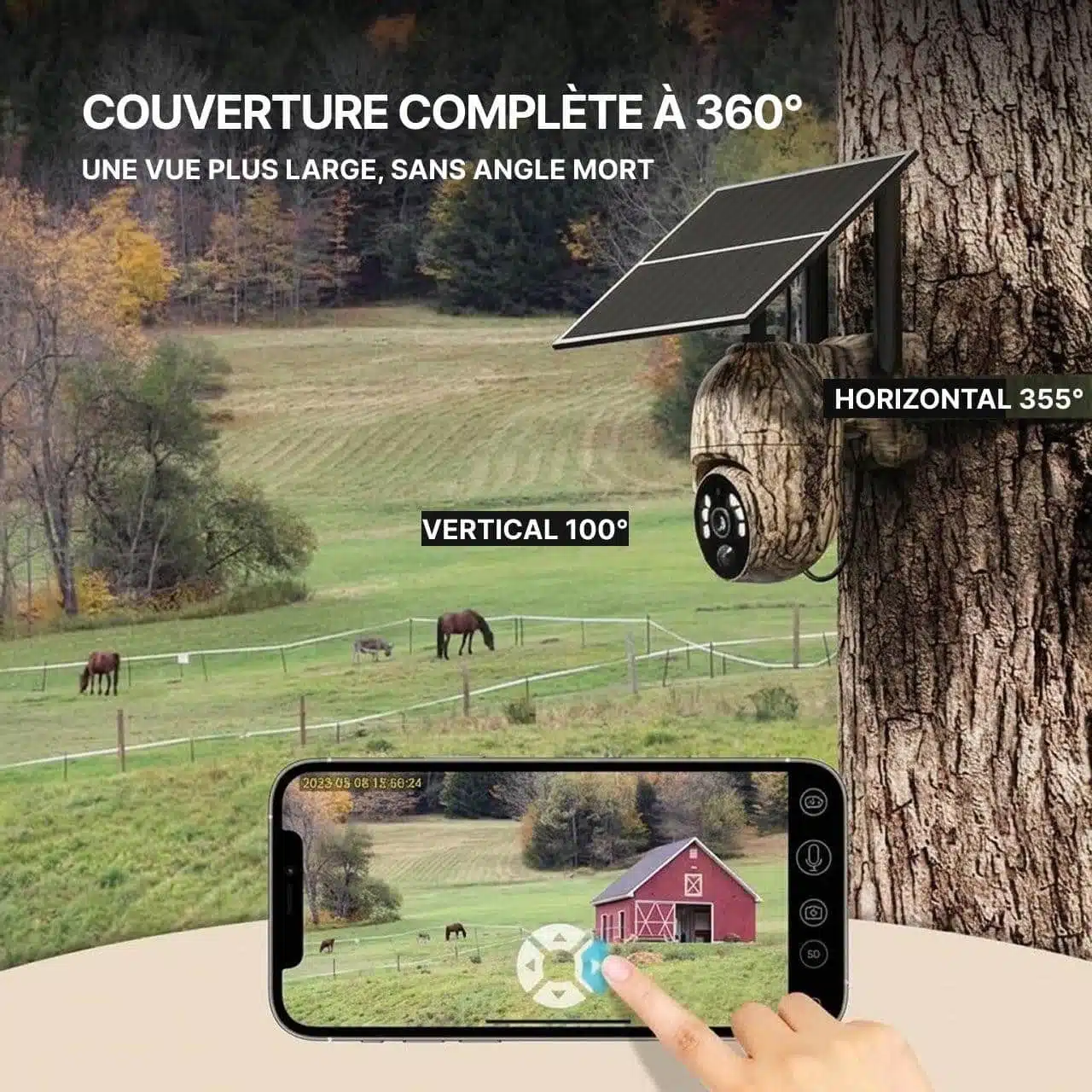 Caméra De Surveillance Extérieure Solaire - Rotation 360° et vision nocturne 2K