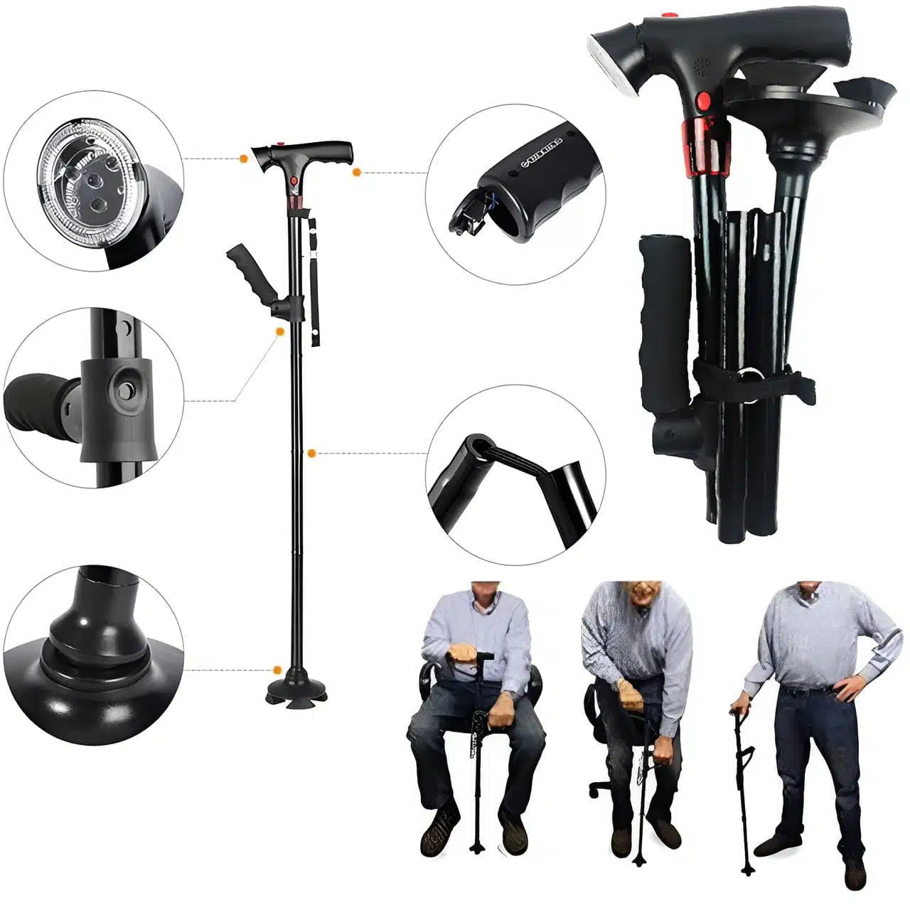 Canne De Marche Pliante Avec Lumière LED